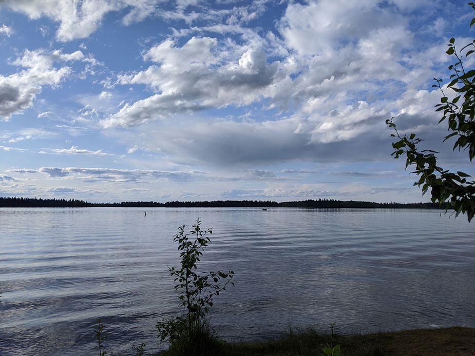 Slight ripples on a large lake. The water looks fresh and clear, and the sky is a beautiful mix of puffy clouds and bright blue sky. The dark shoreline cuts across the middle horizon of the image.